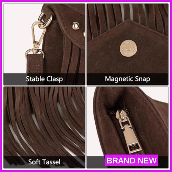 Boho Western Fringe Crossbody Purse Double Velour Suede Hobo Bag Adjustable - Picture 6 of 7